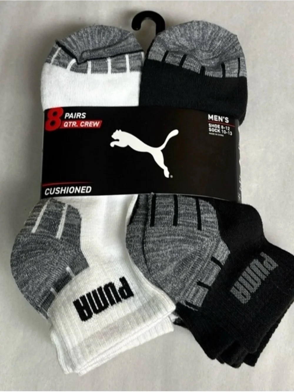 New Puma Socks Men’s Quarter Crew Socks 8 Pair Black & White Athletic Casual